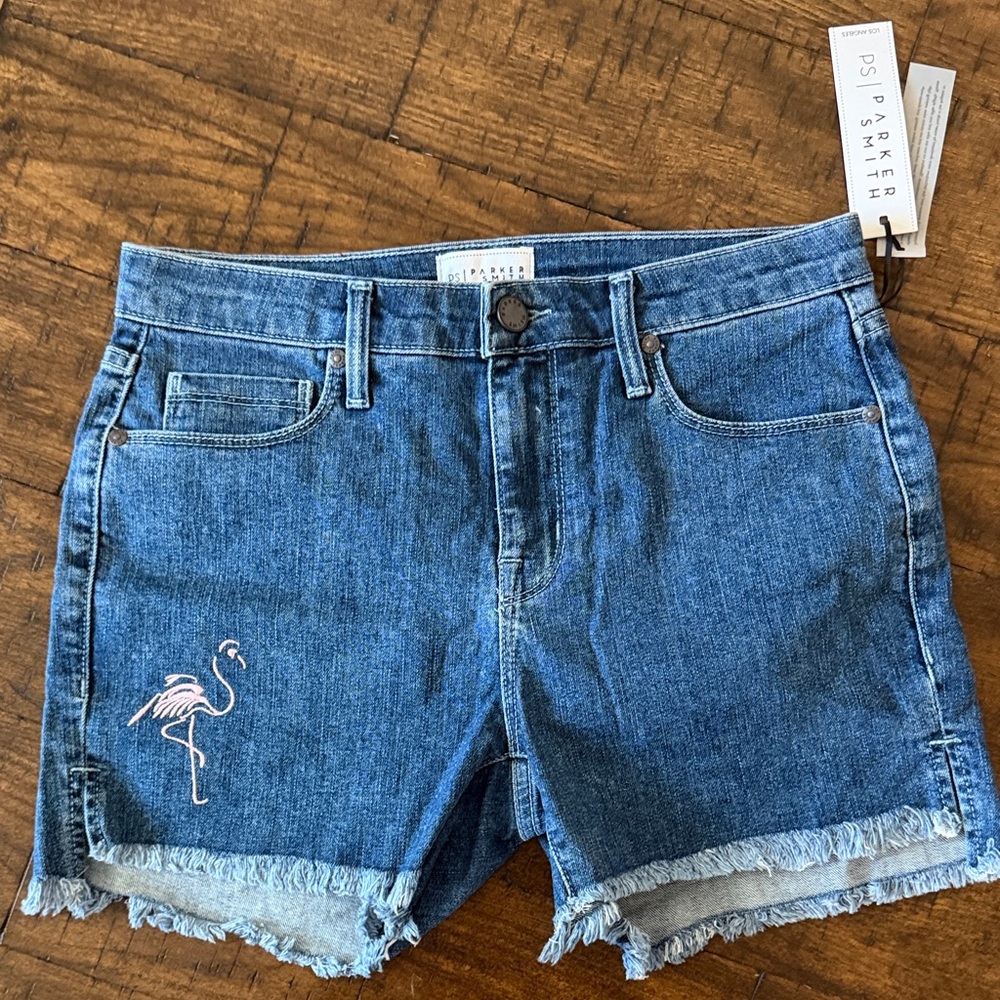 PARKER SMITH Blue Denim Shorts with Pink Flamingo Embroidery